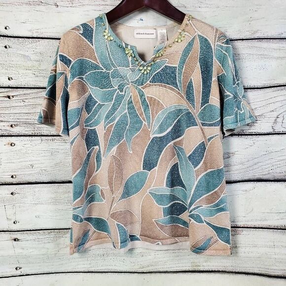 Alfred Dunner Women's XL Beaded V-Neck Leaf Print Glitter Knit Top Short Sleeve - Picture 1 of 7